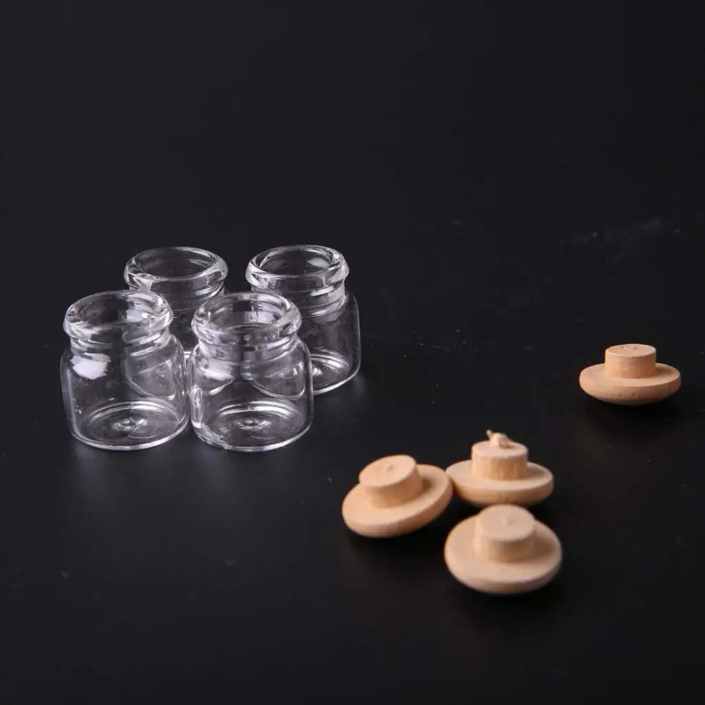 4pcs Mini Clear Glass Food Pot Jar W/ Wood Lid 1/12 Dollhouse Kitchen Decor