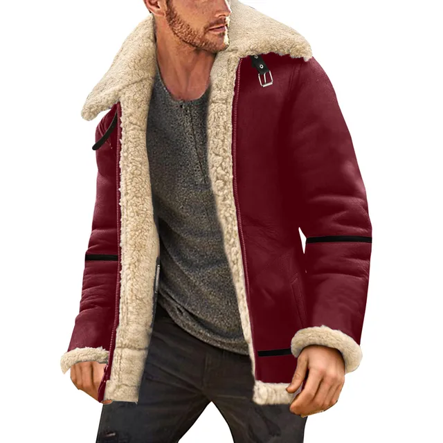 Abrigo de invierno de talla grande para hombre, cuello de solapa, chaqueta  de cuero acolchada de manga larga, abrigo grueso vintage, chaqueta de oveja