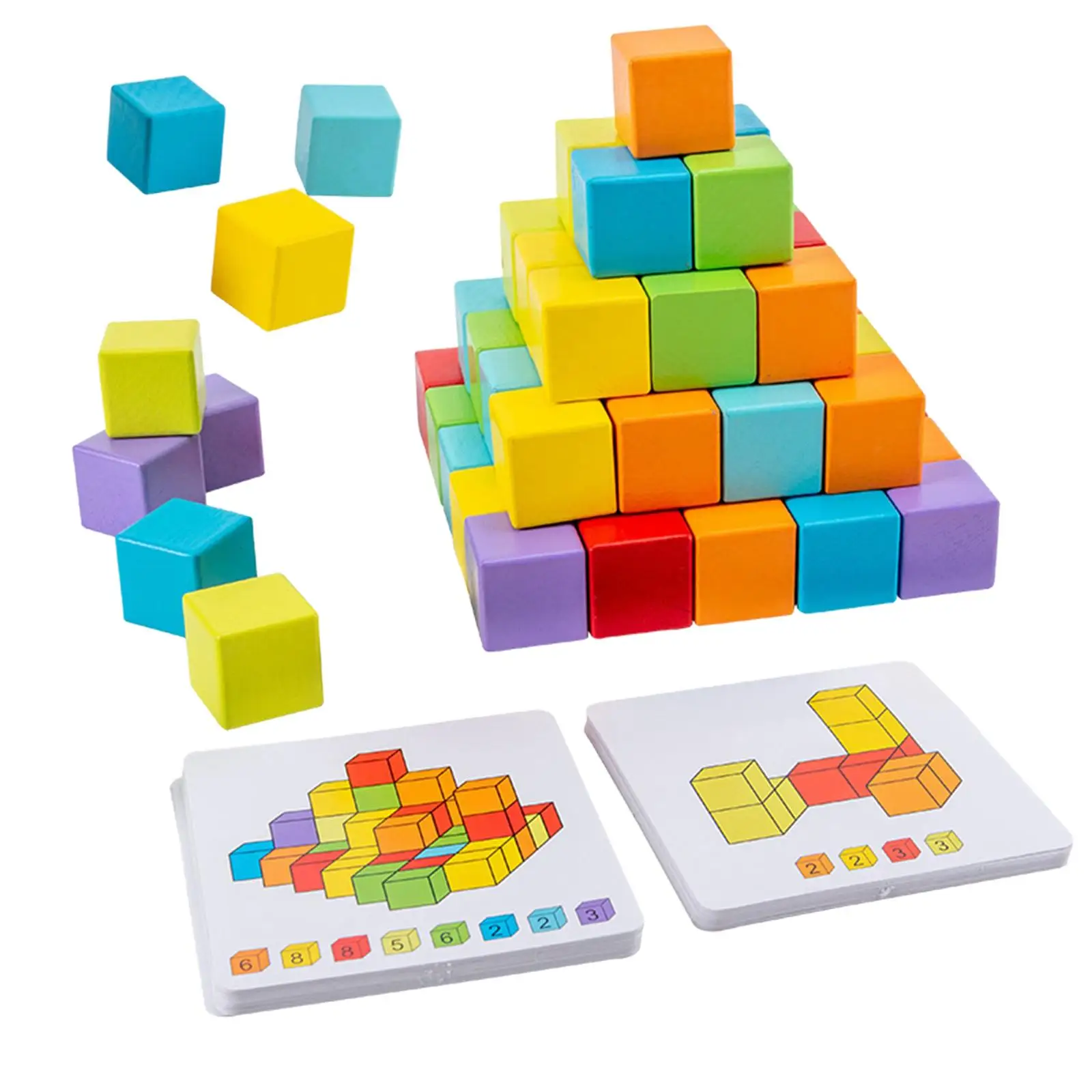 Wooden Building Blocks Stacking Game with Double Sided Cards Sensory Toys,