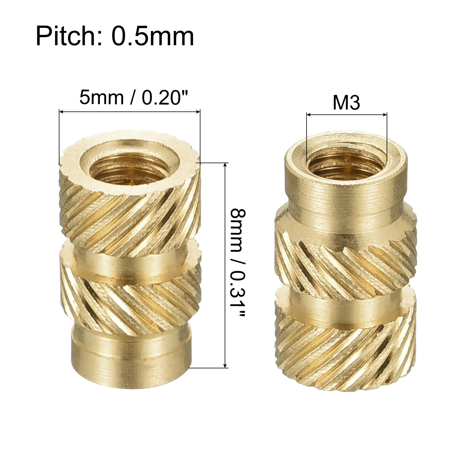 M3 x 5mm L x 5mm OD Female Thread Brass Embedment Nuts MroMax Knurled Threaded Insert Pack of 200 