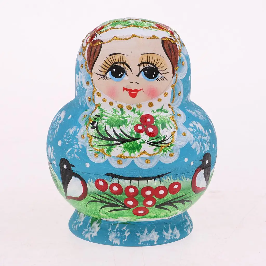 Christmas Decoration Gift ? Blue  Printed Russian Matryoshka  Dolls ? Hand Painted 10 Pieces Kit