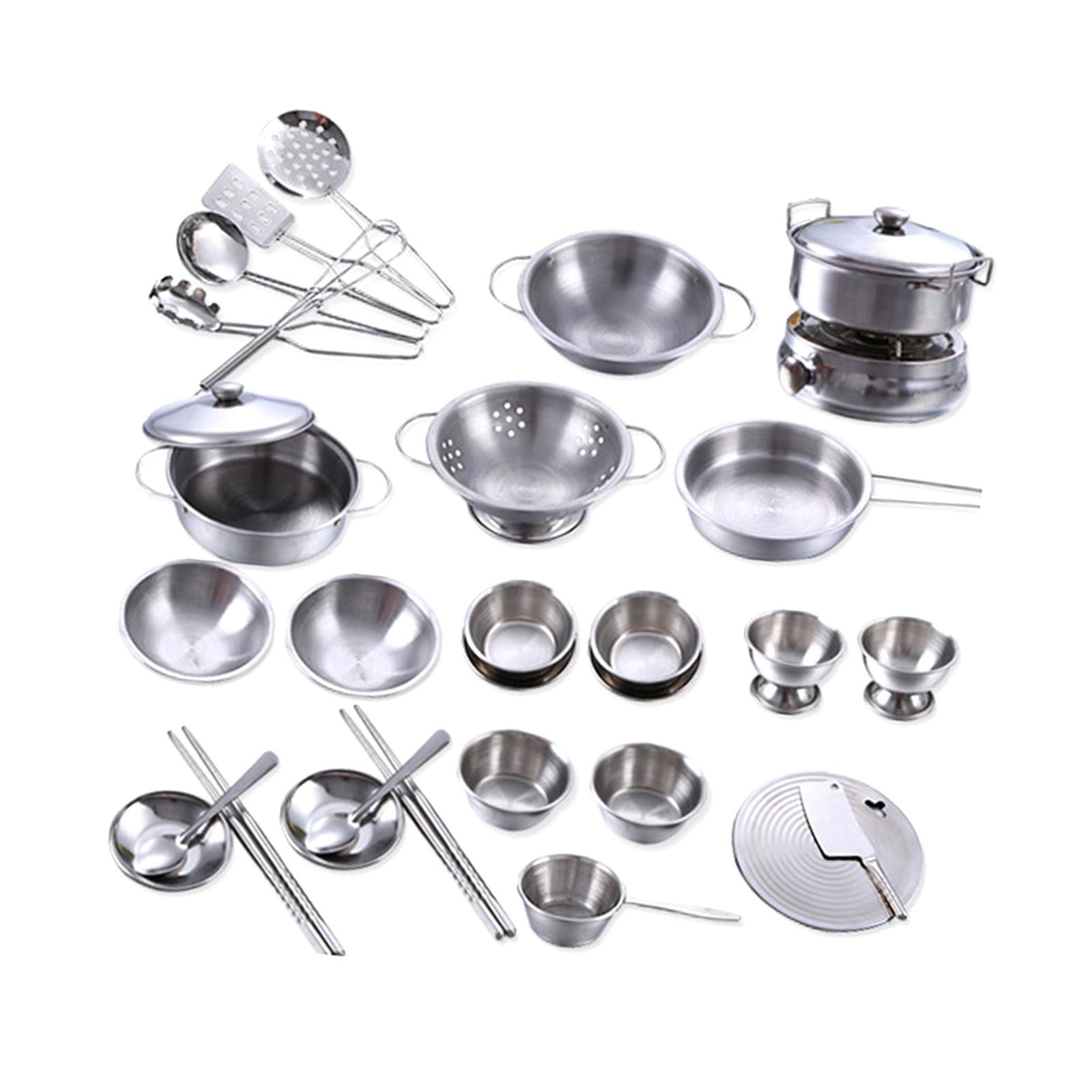 25 Pieces Kids Pretend Play Cookware Set Kitchen Toys Polished Stainless Steel