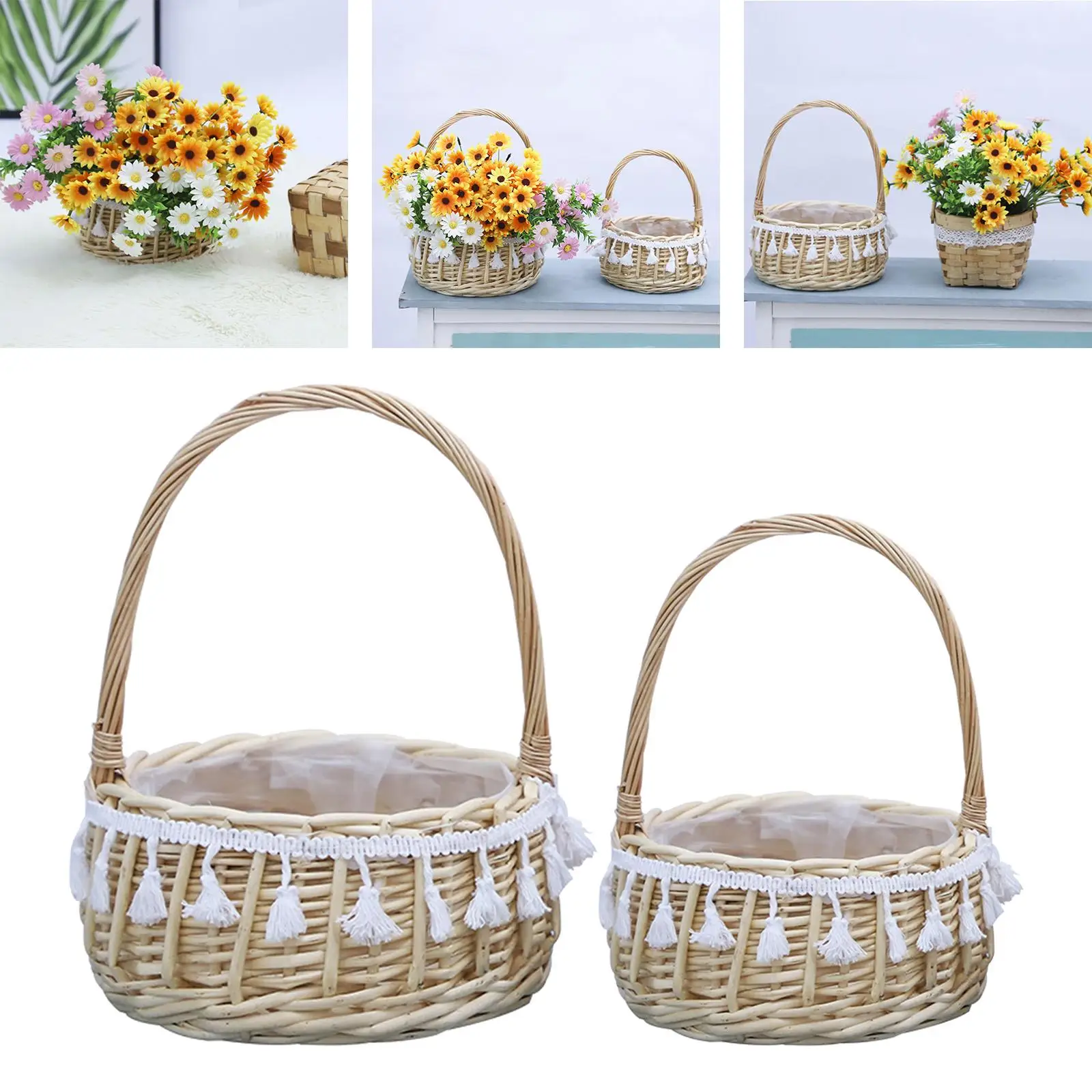 Storage Basket, with Handles Bamboo Woven Flower Pot Easter Basket Natural Containers Holder  Arrangement Indoor Outdoor