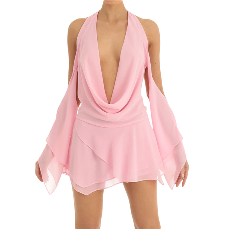 Vestido Y2K de verano para mujer, color liso, con cuello colgante, hombros descubiertos, fruncido, manga larga, espalda descubierta, corto, para discoteca