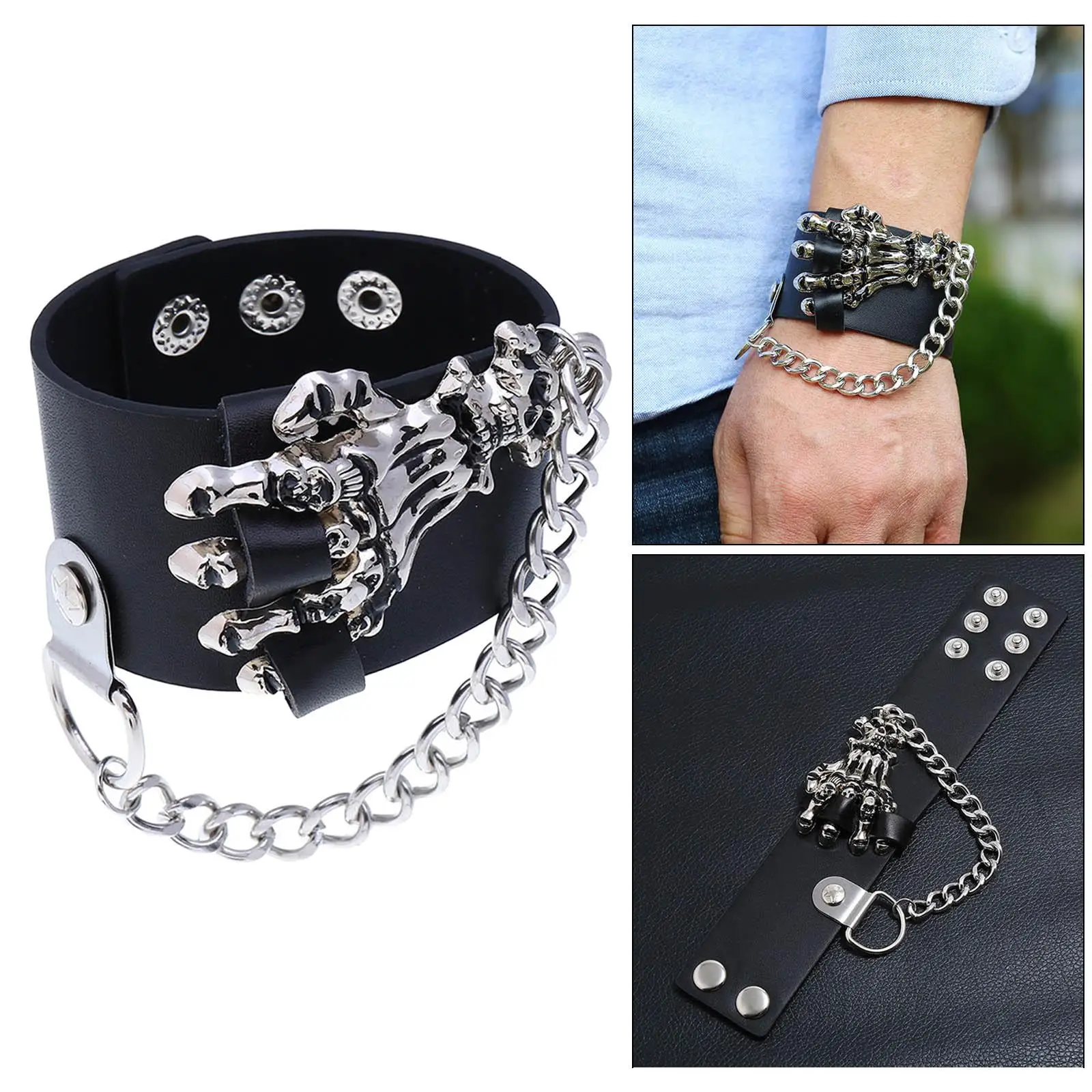 Punk PU Leather Bracelet with Chain Adjustable Gothic Rock Wristbands for Men Women Teen Girls Boys Daily wearing Holiday Prom