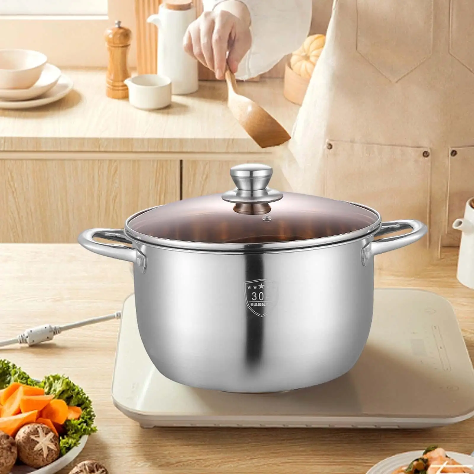 Stainless Steel Stockpot Thick Bottom Insulated Handle Universal Base Non Stick Soup Pot for Soup Noodles Meat Sauce Eggs