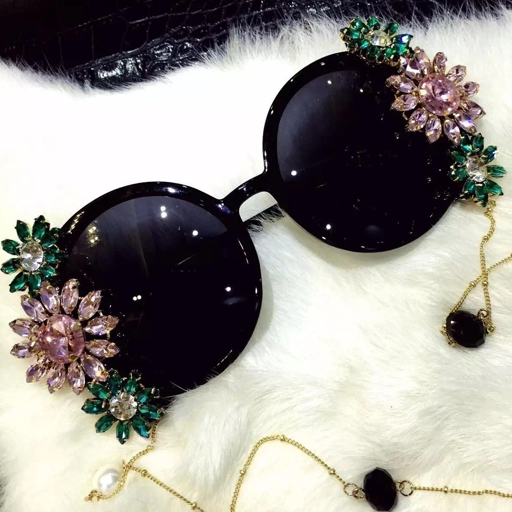 Vintage Black Big Round Flower Faux Rhinestone Crystal Baroque Sunglasses