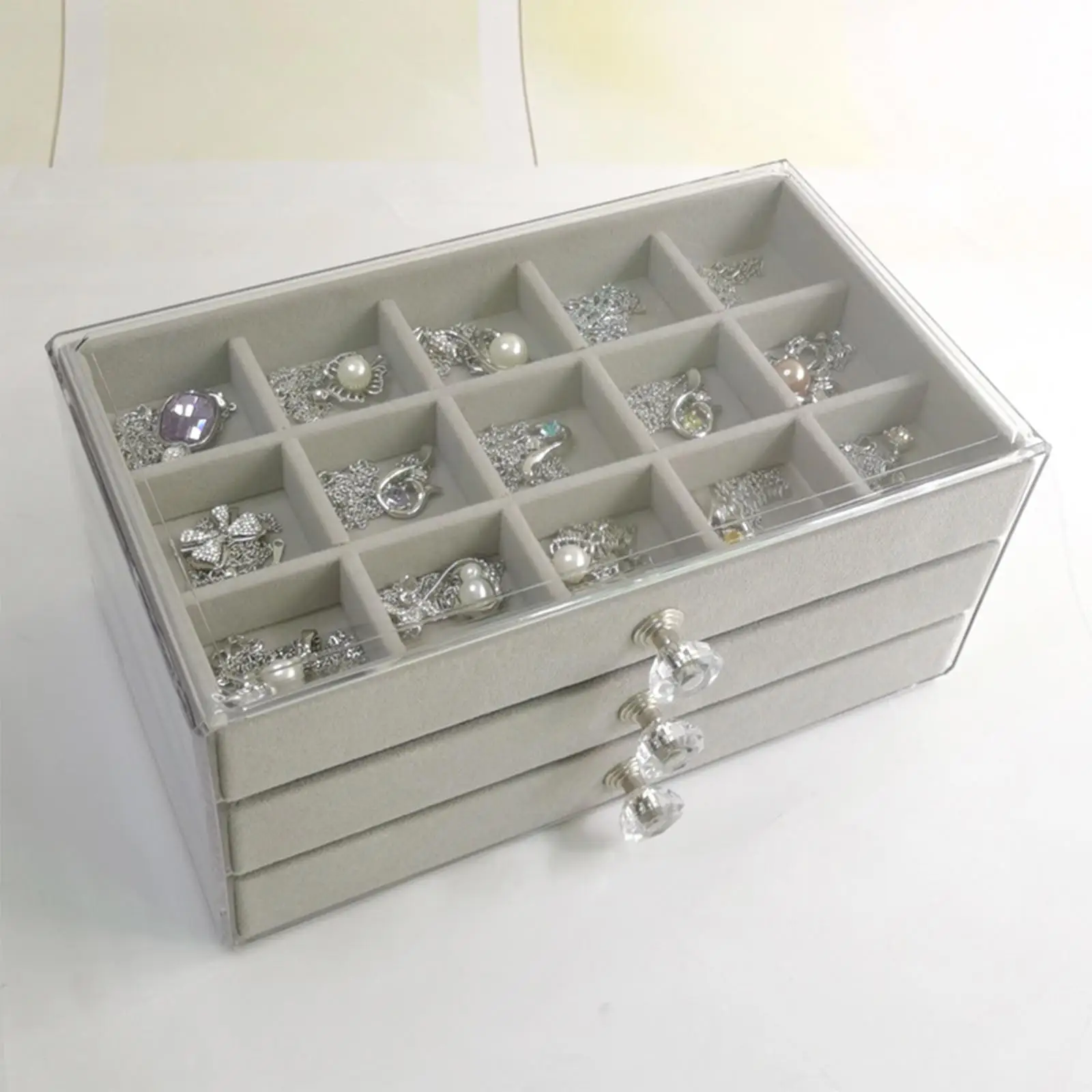 Jewelry Box Watch Show Case with Grid Display Stand with Acrylic Clear Cover Tray Jewelry Organizer Flannel for Women Girls
