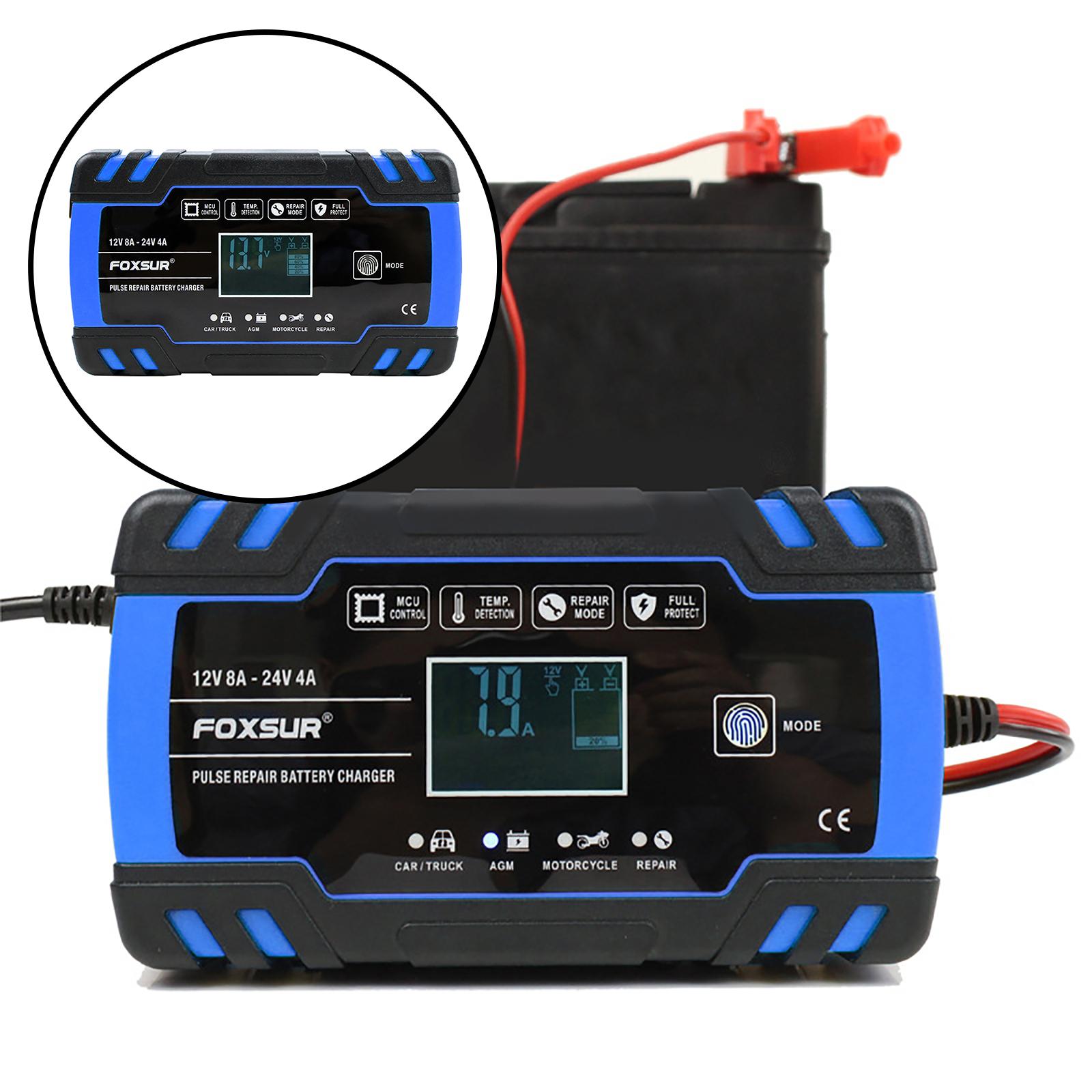 Automatic Car Battery Charger 12V/8A 24V/4A with LCD Display 3-Stage Automotive Trickle Charger for Boat SLA Marine RV Truck