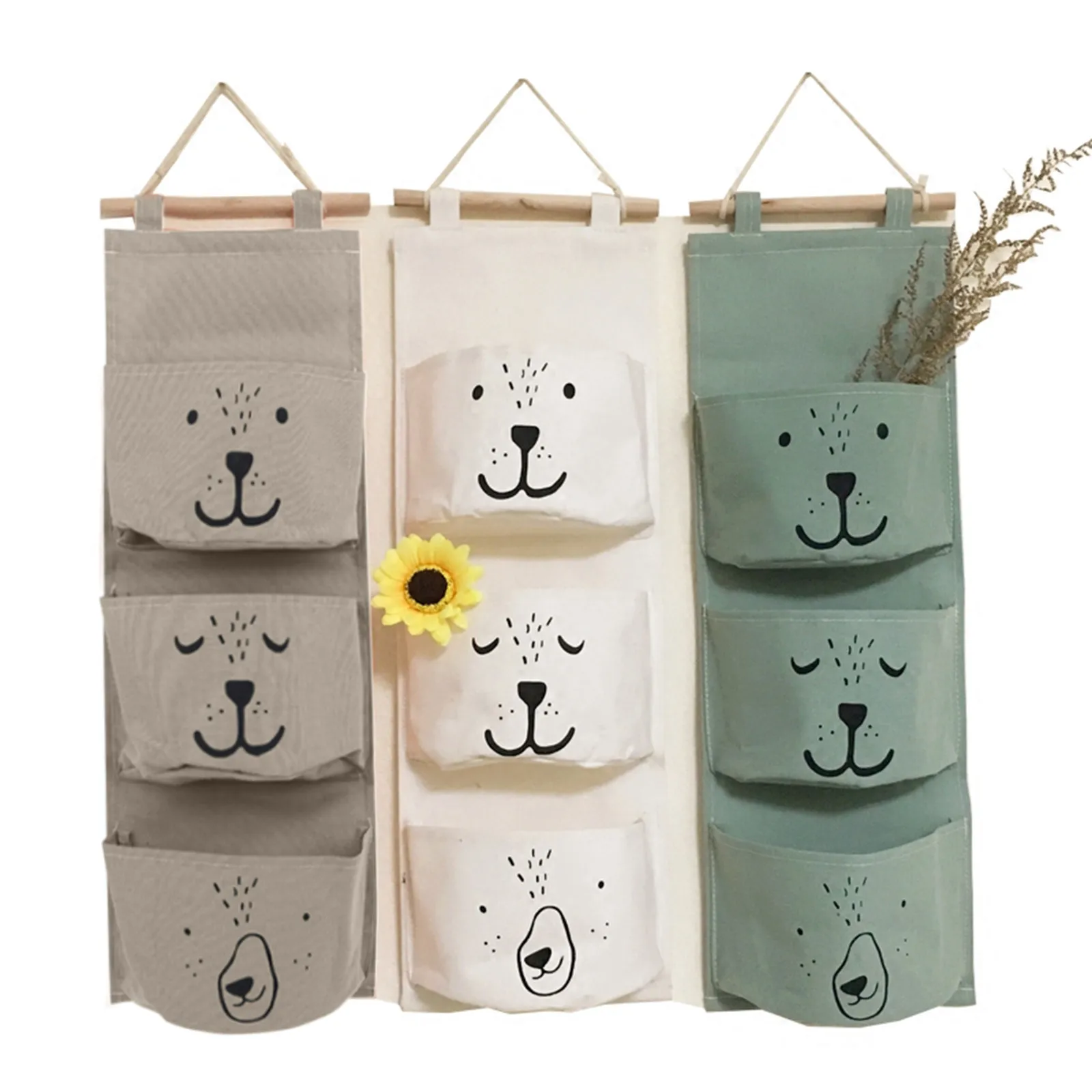 Details about   Cotton Linen Multi Pocket Hanging Bag 3 Pockets Wall Mounted Hanging Storage  QW 