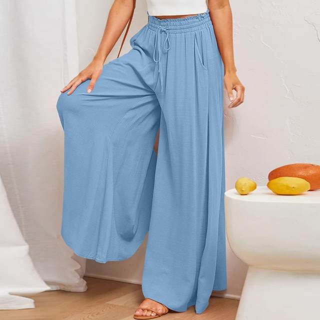 Women's High Waist Wide Leg Pants Flowy Palazzo Pant Loose Casual Trousers With Pockets Red L