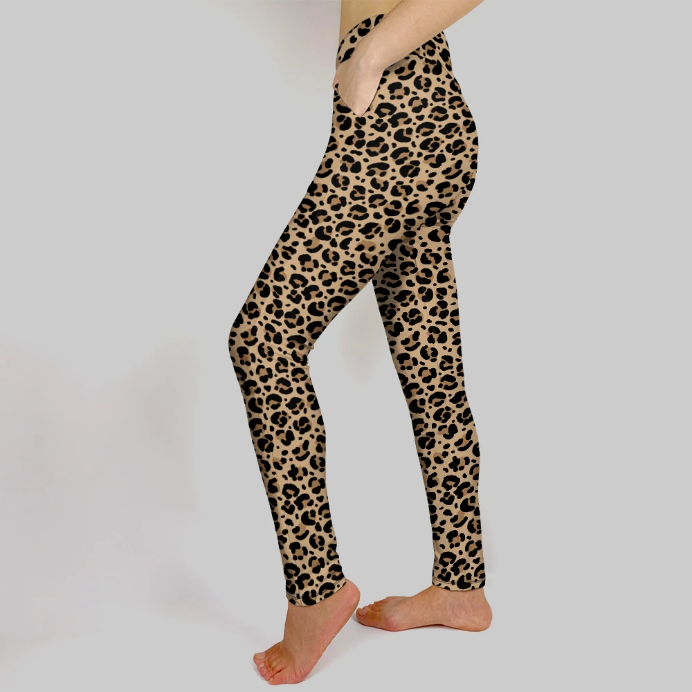 leopardo impressão bolsos de fitness calças femininas
