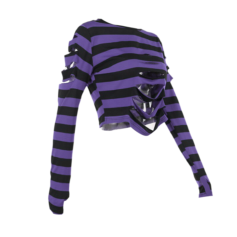 Camiseta Cyber Punk Y2K de los años 2000 para mujer, de manga larga, cuello redondo a rayas y agujero, ropa gótica, camisetas E-girl, ropa urbana