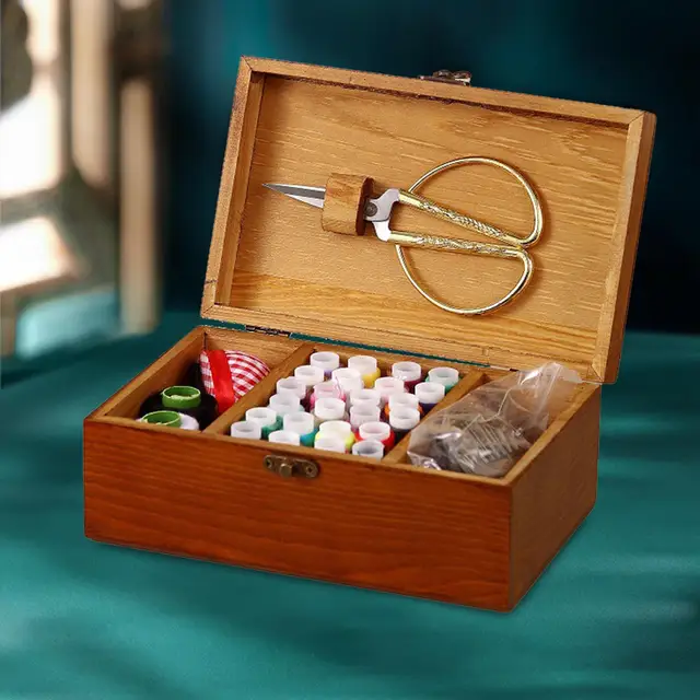 Vintage Wooden Sewing Box For Storage Of Accessories Like Needles