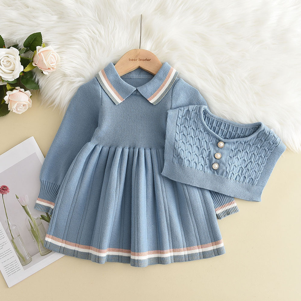 3-7 Jahre Alte Koreanische Version Marineblaues Süßes und Niedliches Mädchenkleid Herbst- und Winter-Strickkleid mit Langen Ärmeln für Kinder – Detail 9