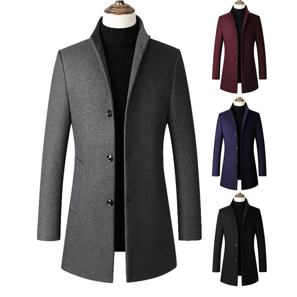 Description Picture 4 of itemMen Fall Winter Trench Coat Thick Warm Pockets Men Jacket Stand Collar Single-breasted Straight Long Sleeve Cardigan Outerwear