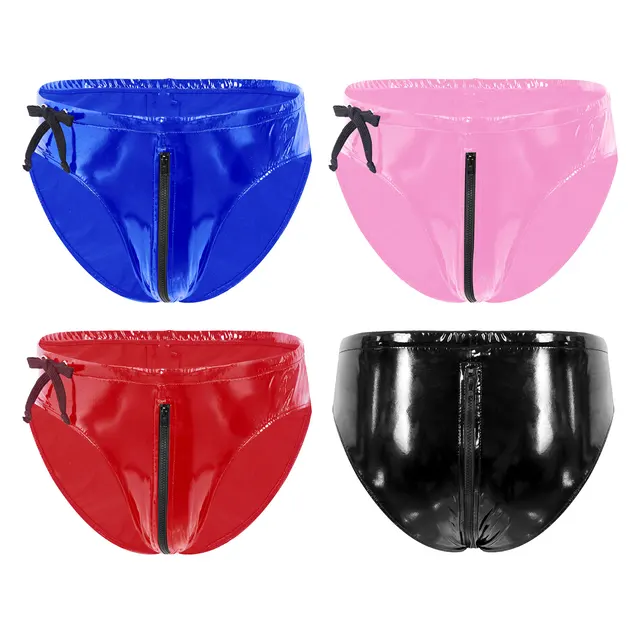 YIZYIF Mens Patent Leather Underwear Hollow Out Bulge Pouch Latex Panties  Jockstrap T-Back Thongs Red XL 