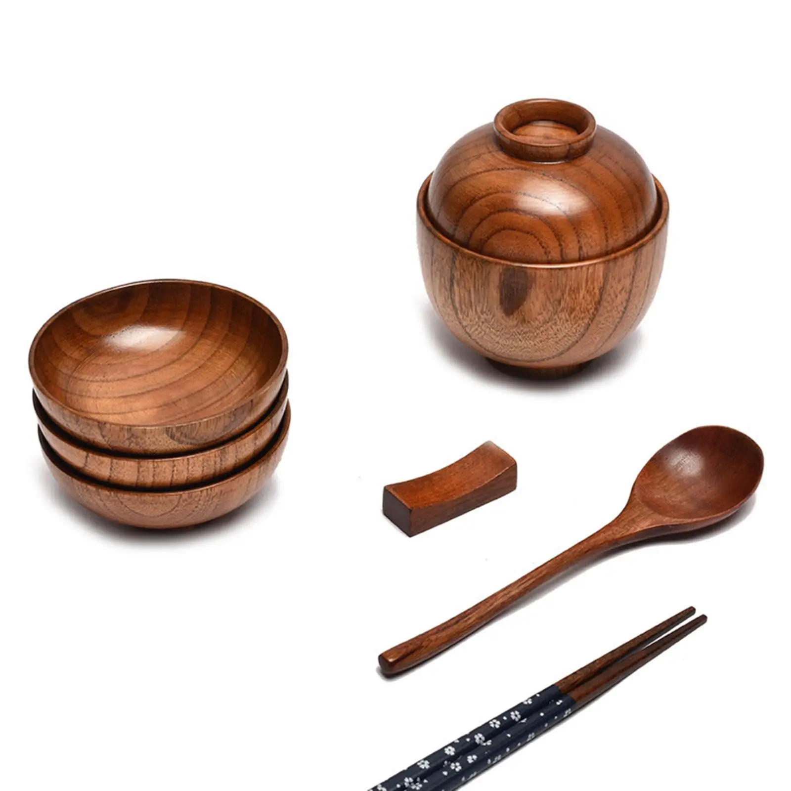 Wooden Bowl with Lid Bowl Tableware Food Utensil Rice Serving Bowl Kitchen Storage Salad Fruits Dinnerware Small Wooden Bowls