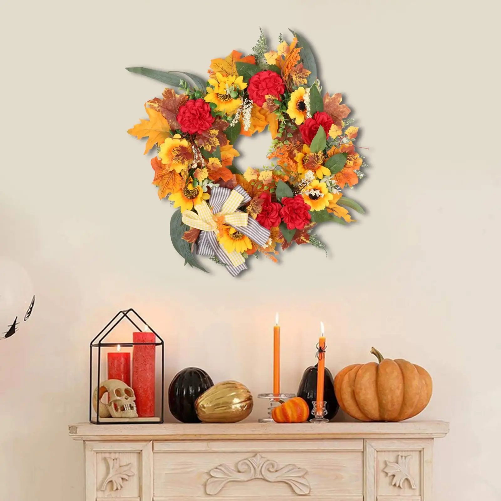 Fall Wreath Artificial Flowers 17.72inch Autumn Wreath for Front Door for Thanksgiving Christmas Window Indoor Outdoor Wall