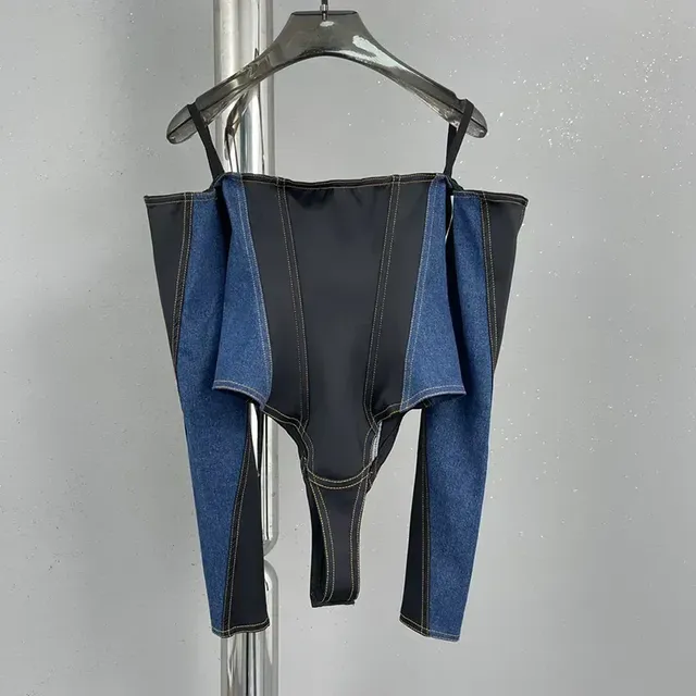 Denim Bodysuit Long Sleeve Off Shoulder 15