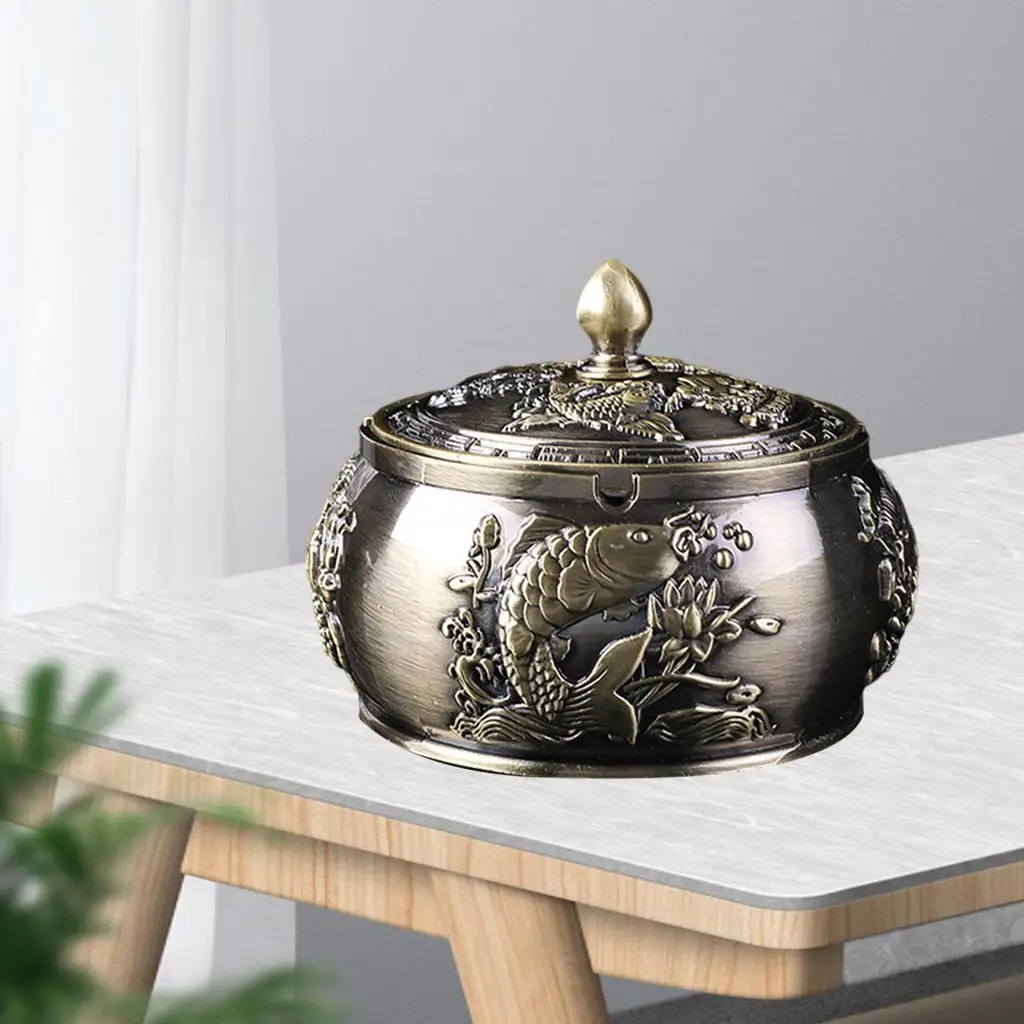 Retro Decorative Cigarette Ashtray Windproof Alloy Portable Indoor Outdoor Hand Carved Lucky for Men Women