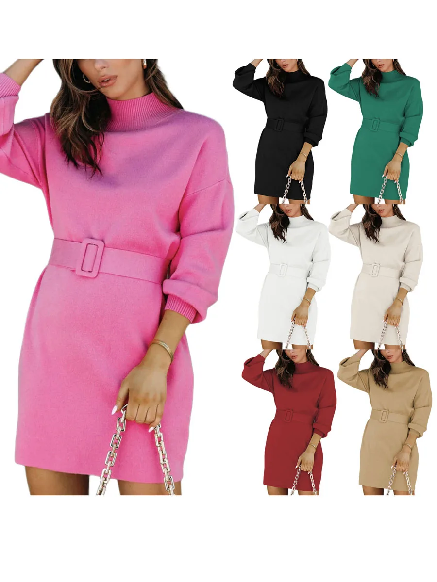Women Elegant Sweater Dress Solid Color Turtleneck Long Sleeve Knit Pullover Bodycon Sweater Mini Dress with Belt