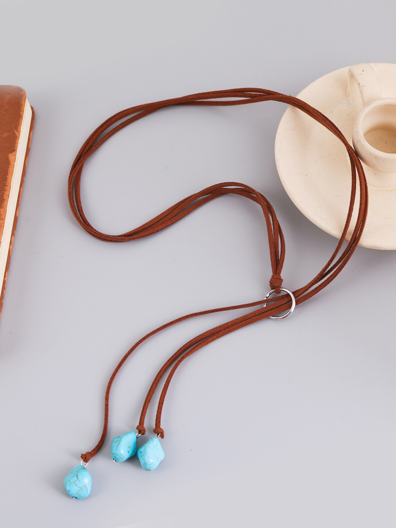 Bohemian Synthetische Türkis Halskette Lange Kette Quasten Halskette Handgemachte Vintage Y-förmigen Schmuck Braun Wrap Samt Halsband – Detail 3