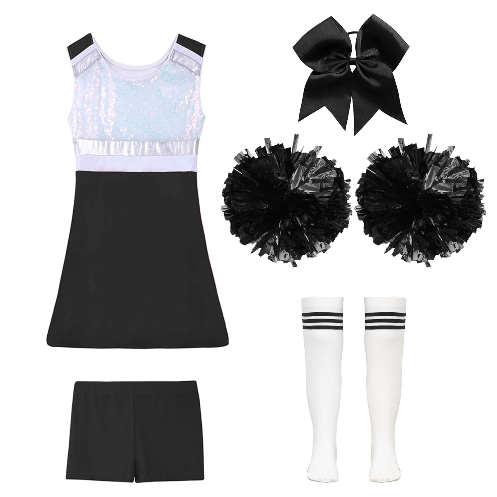 Cheerleader-Kostüm für Mädchen, Cheerleading-Uniform, modernes Tanzoutfit, glänzendes Paillettenkleid mit Shorts, Tanzkleidung – Detail 18