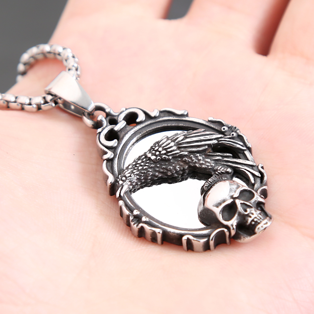 Mode Vintage Schädel Magie Spiegel Anhänger Halskette Für Männer Frauen Punk Edelstahl Krähe Halsketten Amulett Schmuck Großhandel – Detail 7