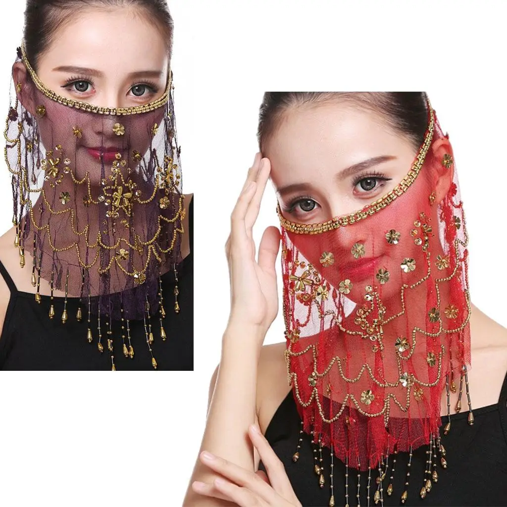 High Quality Women`s Belly Dance Face Veil Chiffon Performance Head Scarf Headpiece Play Tassel Costume Beautiful with Sequins