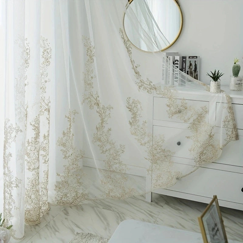 Title 6, 1pc Luxury Gold Thread Embroidery Sheer Curtain...