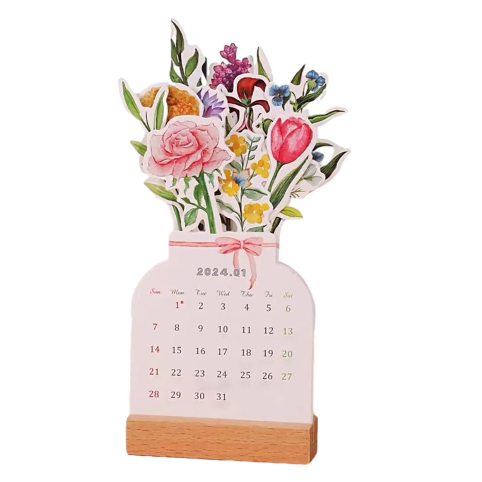 2024 Desk Calendar Wooden Base Jan 2024 - DEC 2024 Decoration Flower Desktop Calendar Tabletop Ornament Monthly Calendar Planner