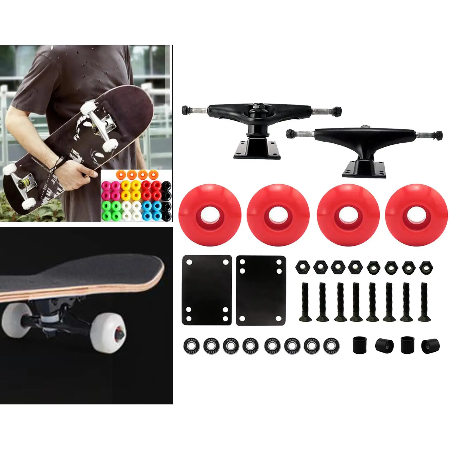 Skateboard Wheels with Bearings 52mm, Skateboard Trucks, Skateboard Riser Pads,