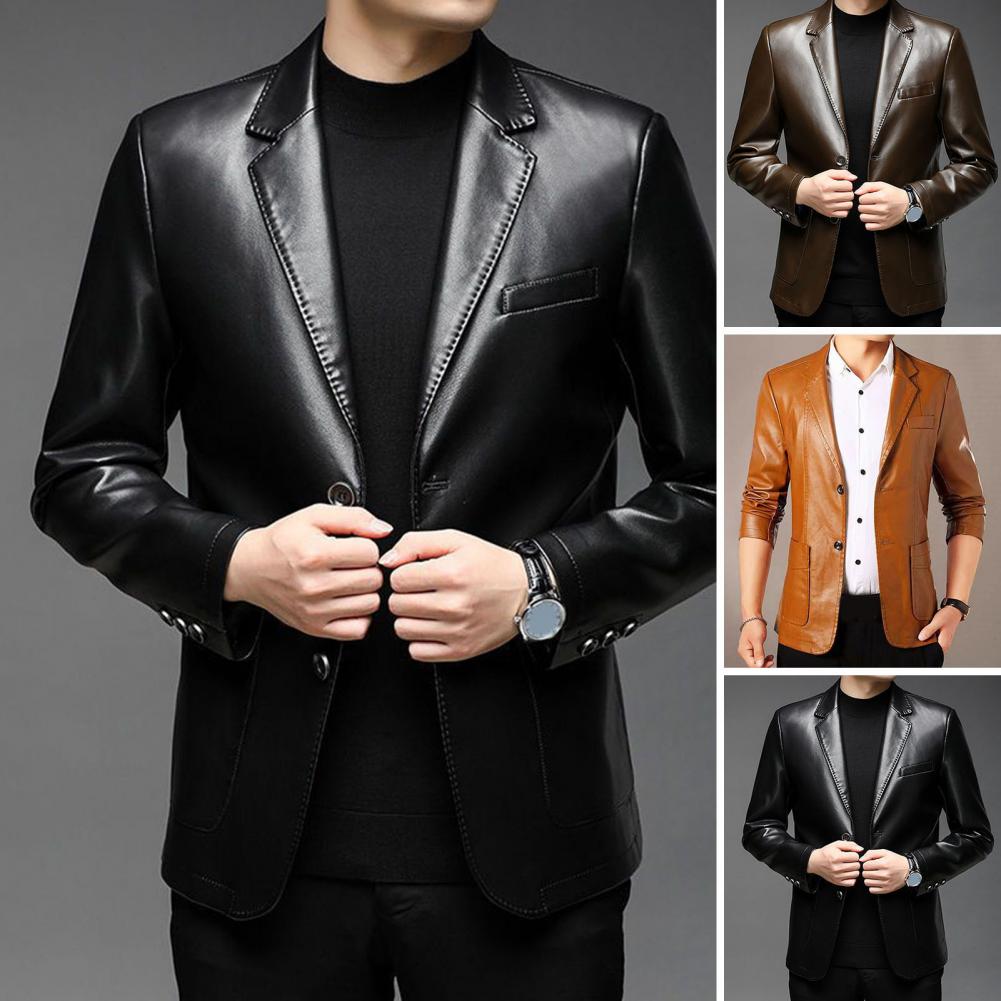 Description Picture 3 of itemMen Jacket With Pocket Stylish Button Cuffs Lapel Collar Spring Autumn Fake Leather Men Coat For Outdoor Business