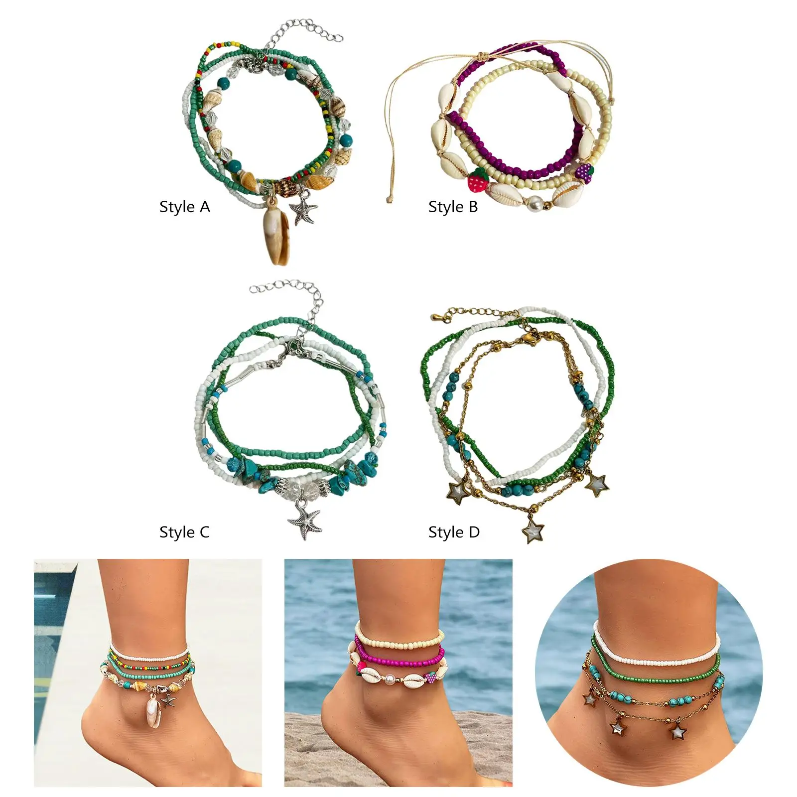 Beaded Anklets Boho Foot Jewelry Layered Anklet Set for Summer Surfer Bikini