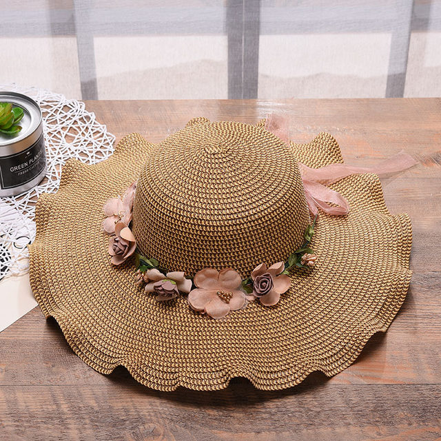  Sombrero de sol para mujer, gorra de cubo de encaje beige, lazo  de flores, cinta plana, sombrero de paja suave, gorras de playa (color :  beige, tamaño: 22.0-23.6 in ajustable) 