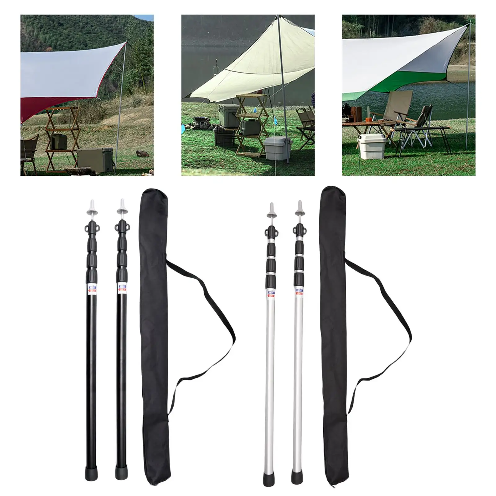 2Pcs Telescoping Tarp Poles Adjustable Aluminum Rods 2.8m Camping Awning Pole Adjustable Canopy Support Pole Tent Canopy Tarp