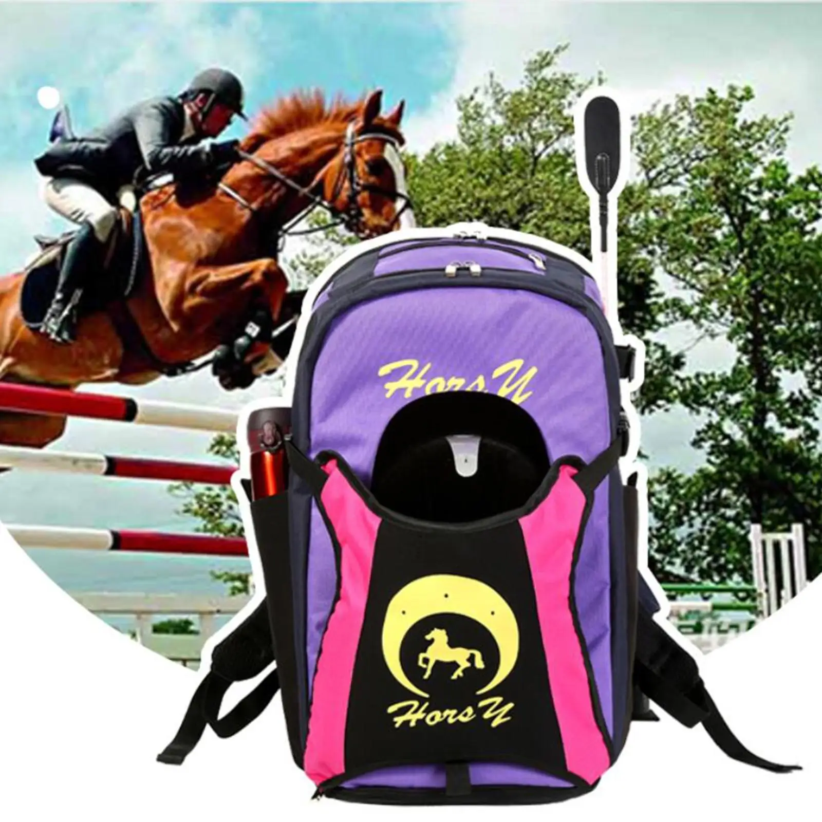 Professional Equestrian Equipment Backpack Horse Riding Practicing  Carrier Carry Sack with Compartment, Side Mesh Pockets
