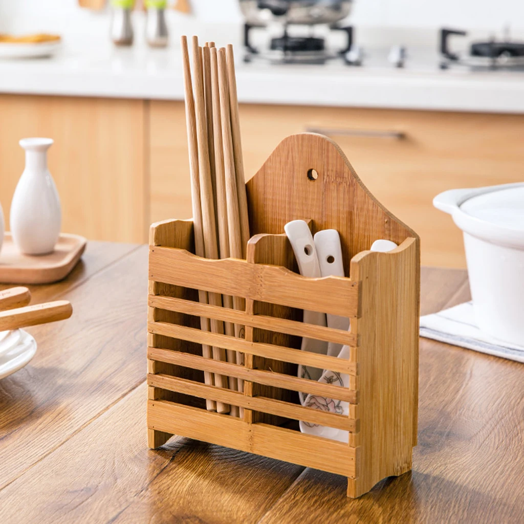 Home Bamboo Chopstick Basket Skewers Holder Double Row Hanging Cage,Tableware Dinner Service Organizer Utensil Drying Rack