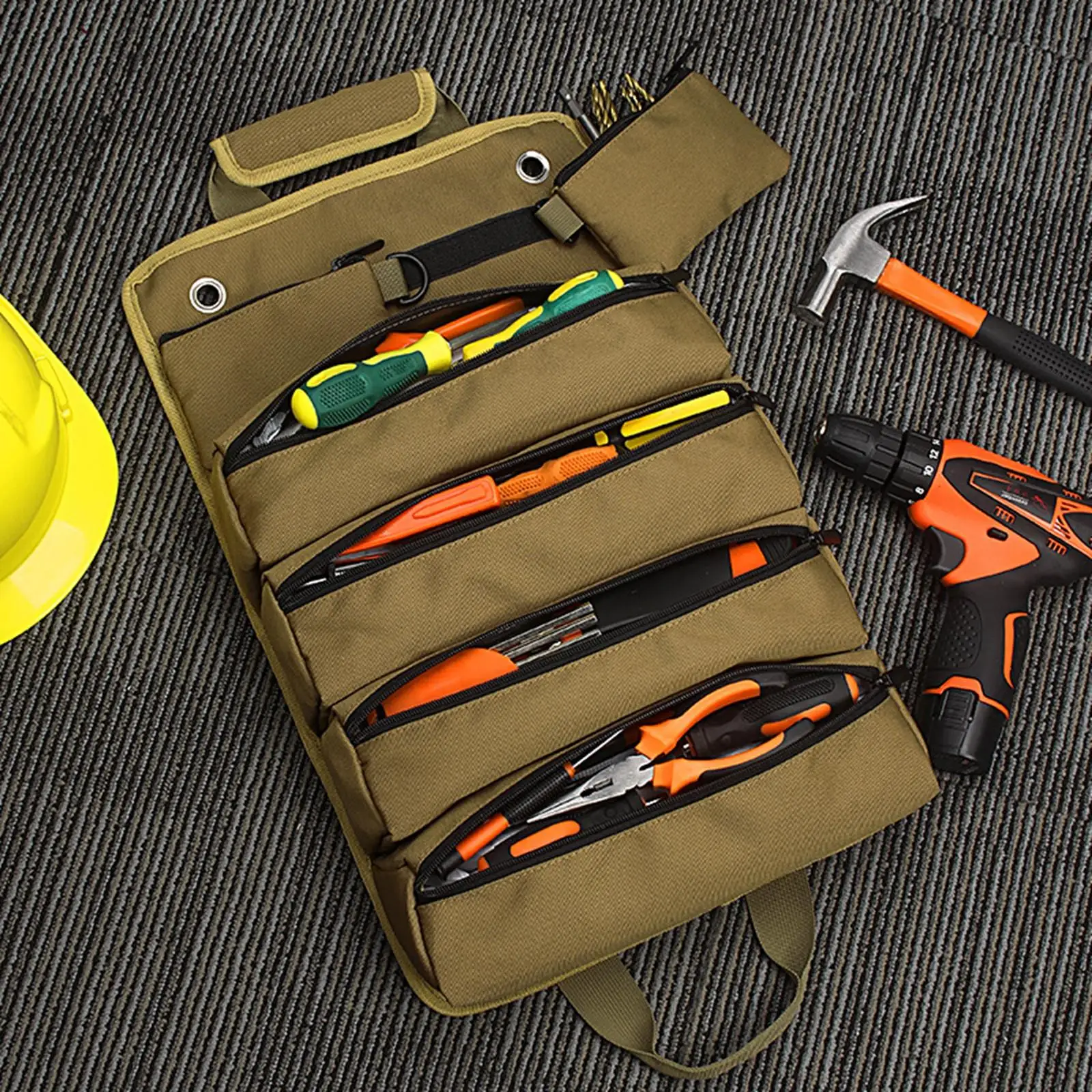 Multifunctional Tool Roll Pouch with Shoulder Strap Oxford Cloth Roll up Tool Bag Organizer for Electrician Plumber Woodworking
