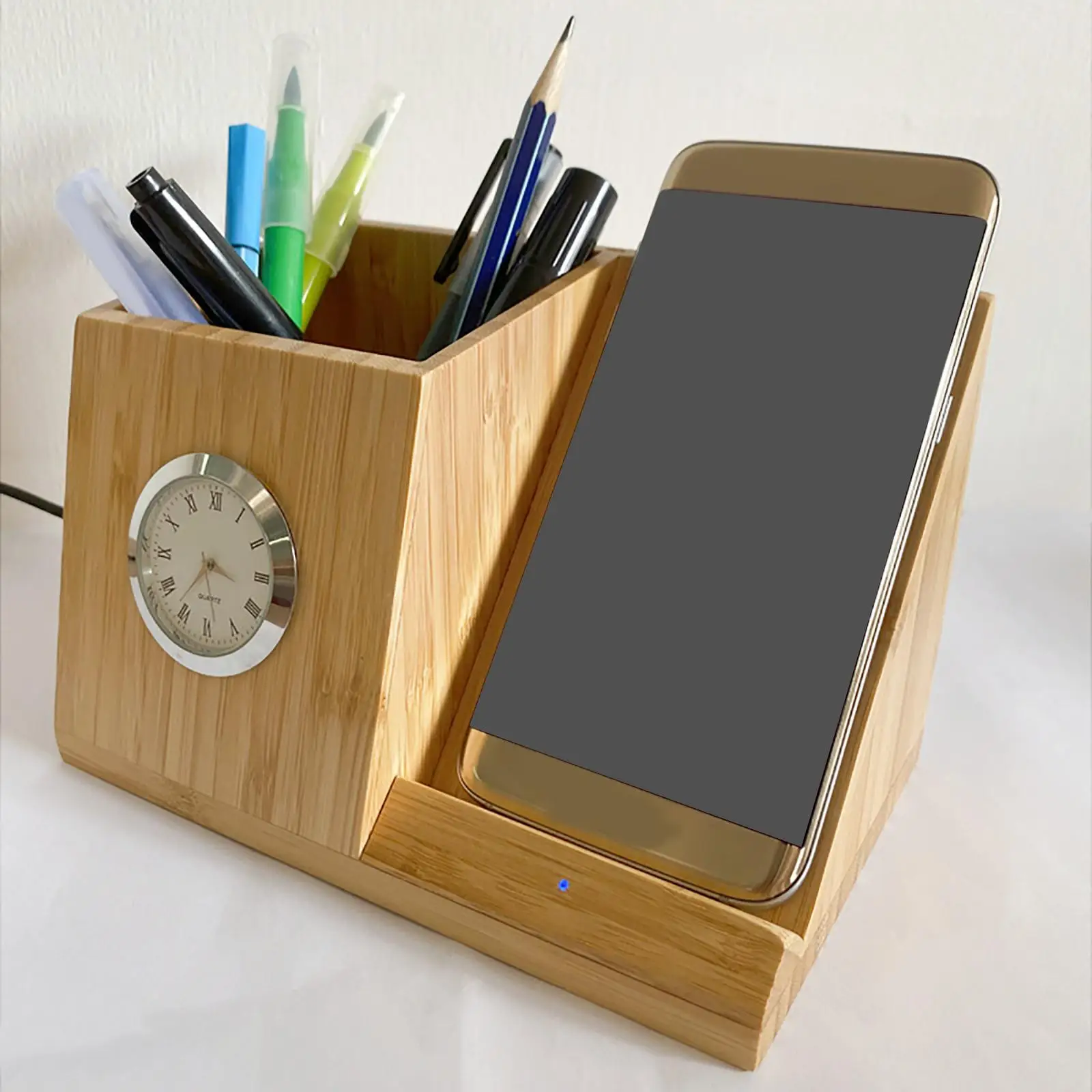 1x Wireless Charger 10W Pen Holder W/ Clock Bamboo Wood 4in1 Multifunction Durable Phone Charging Station for Pencil Storage