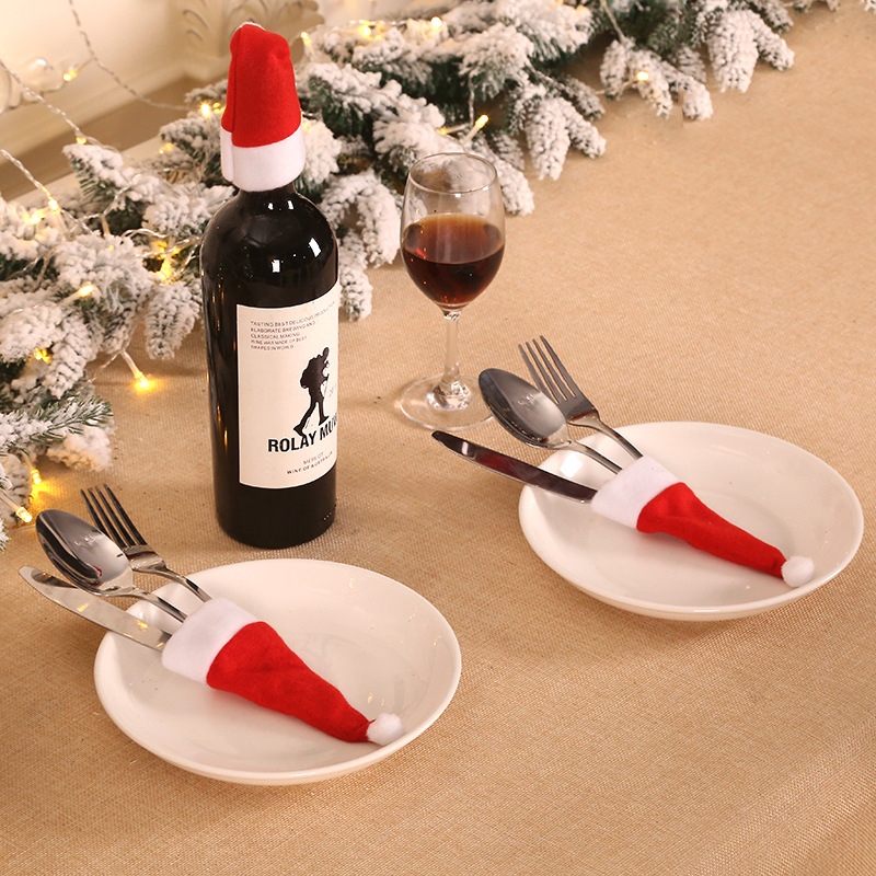 Description Picture 4 of item40PCS Mini Christmas Hat Tableware Knife Fork Storage Holder Bags Merry Christmas Party Dinner Wine Bottle Xmas Hats Decorations