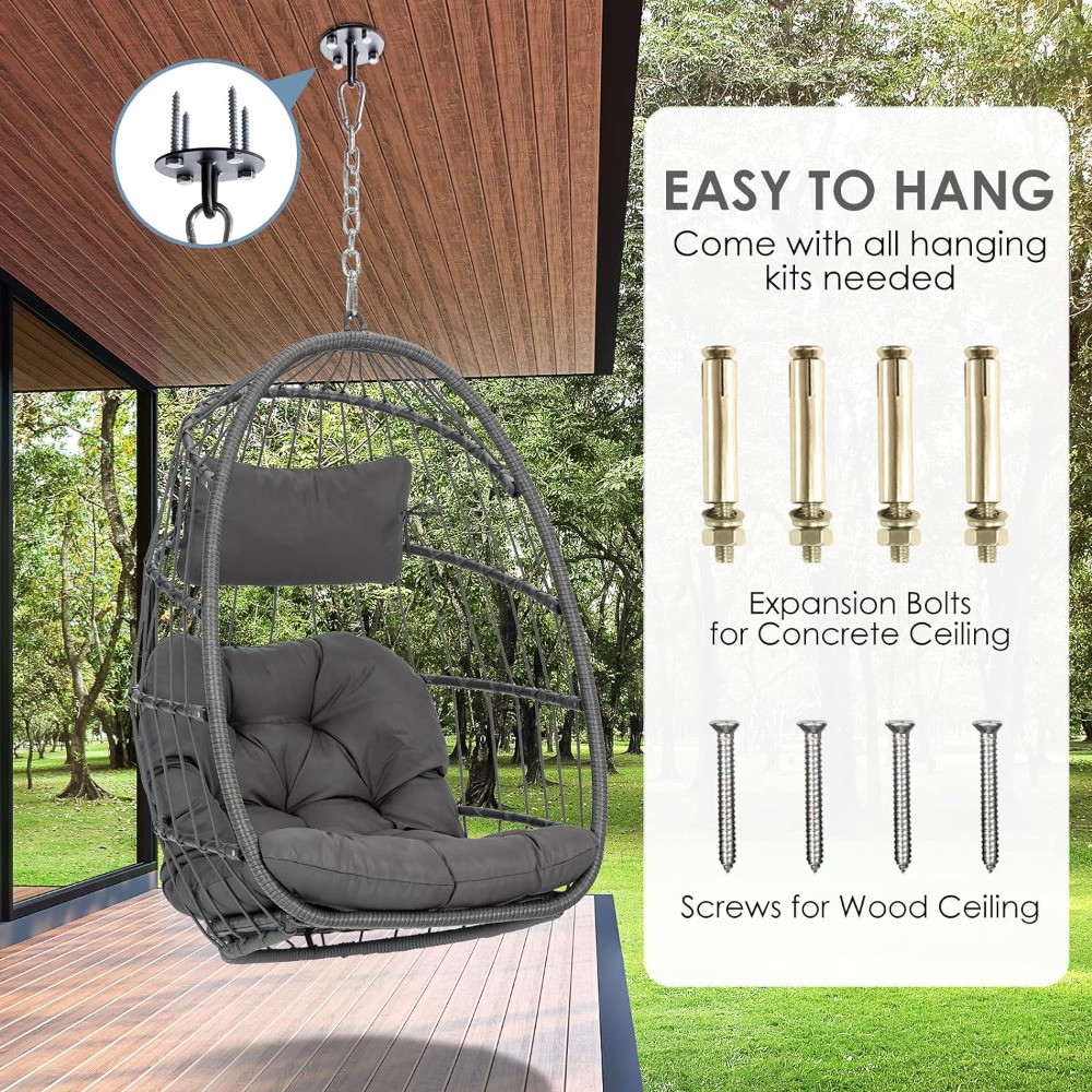 Description Picture 2 of itemSwing Egg Chair Without Stand Indoor Outdoor, Foldable Wicker Rattan Hanging Egg Chairs Hammock Egg Basket Chair with