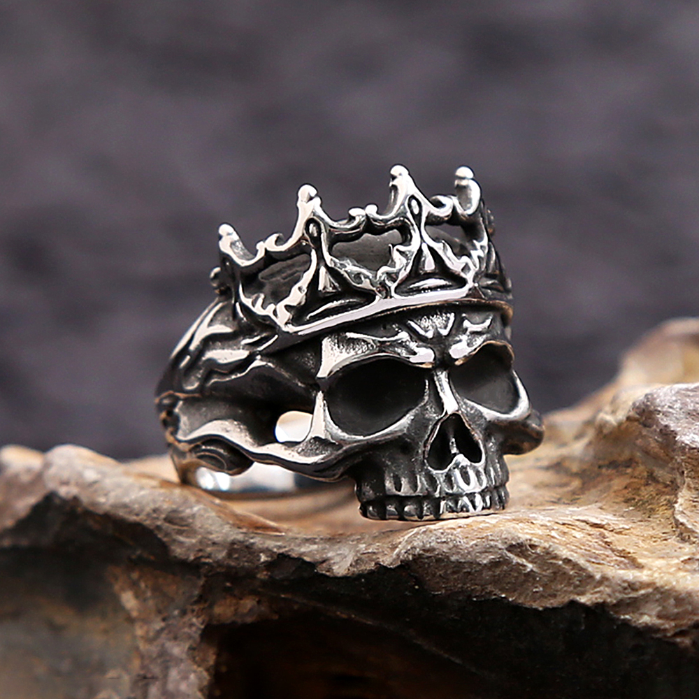 Gothic Vintage Edelstahl Krone Calvarium Schädel Ring für Männer Frauen Punk Mode Amulett Schmuck Halloween Geschenk Großhandel – Detail 1