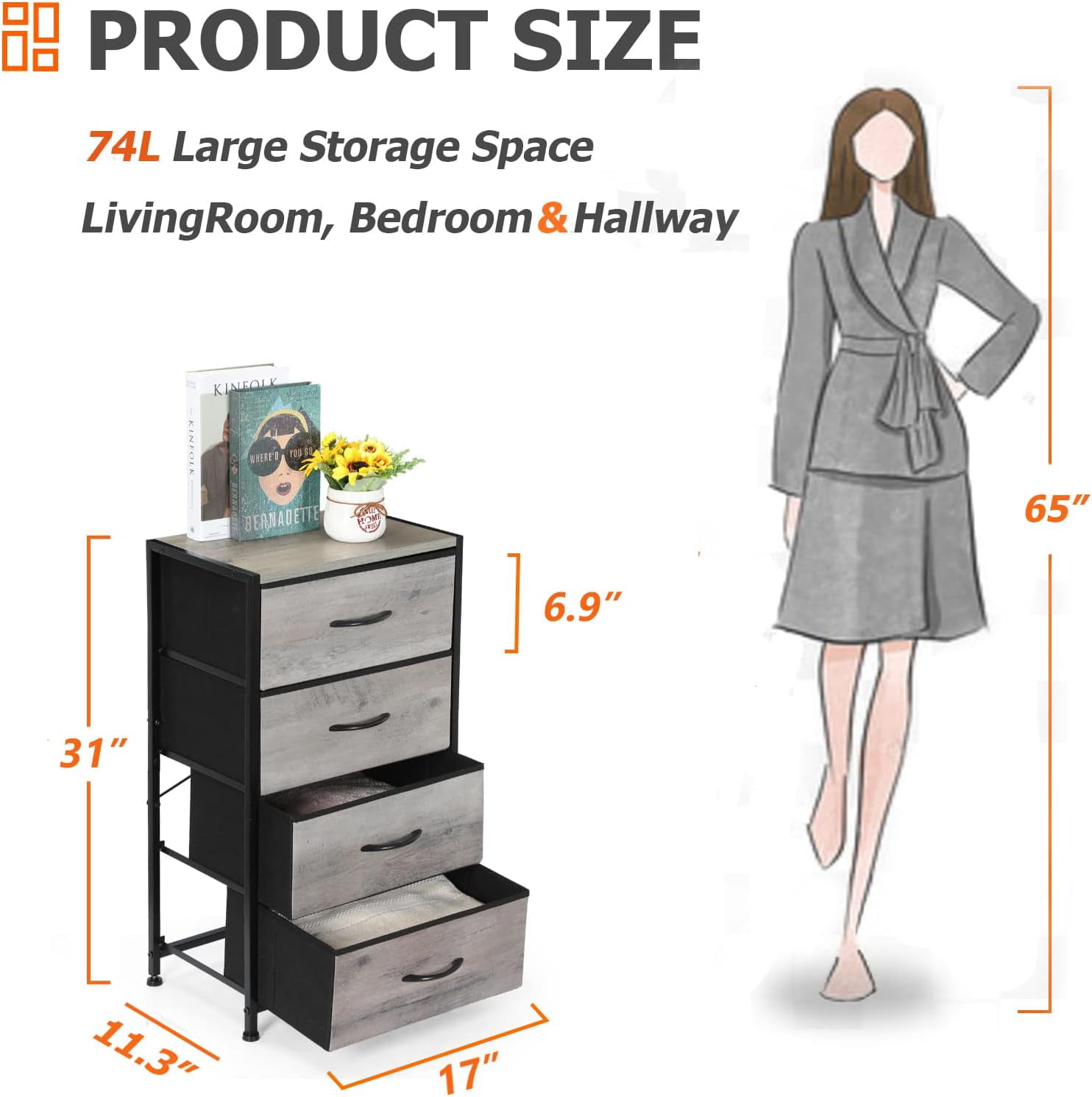 Description Picture 4 of itemRefined Fashionable and Elegant Dresser with 4 Drawers Fabric Dressers Storage Drawers, Sturdy Steel Frame & Wood Top Gray