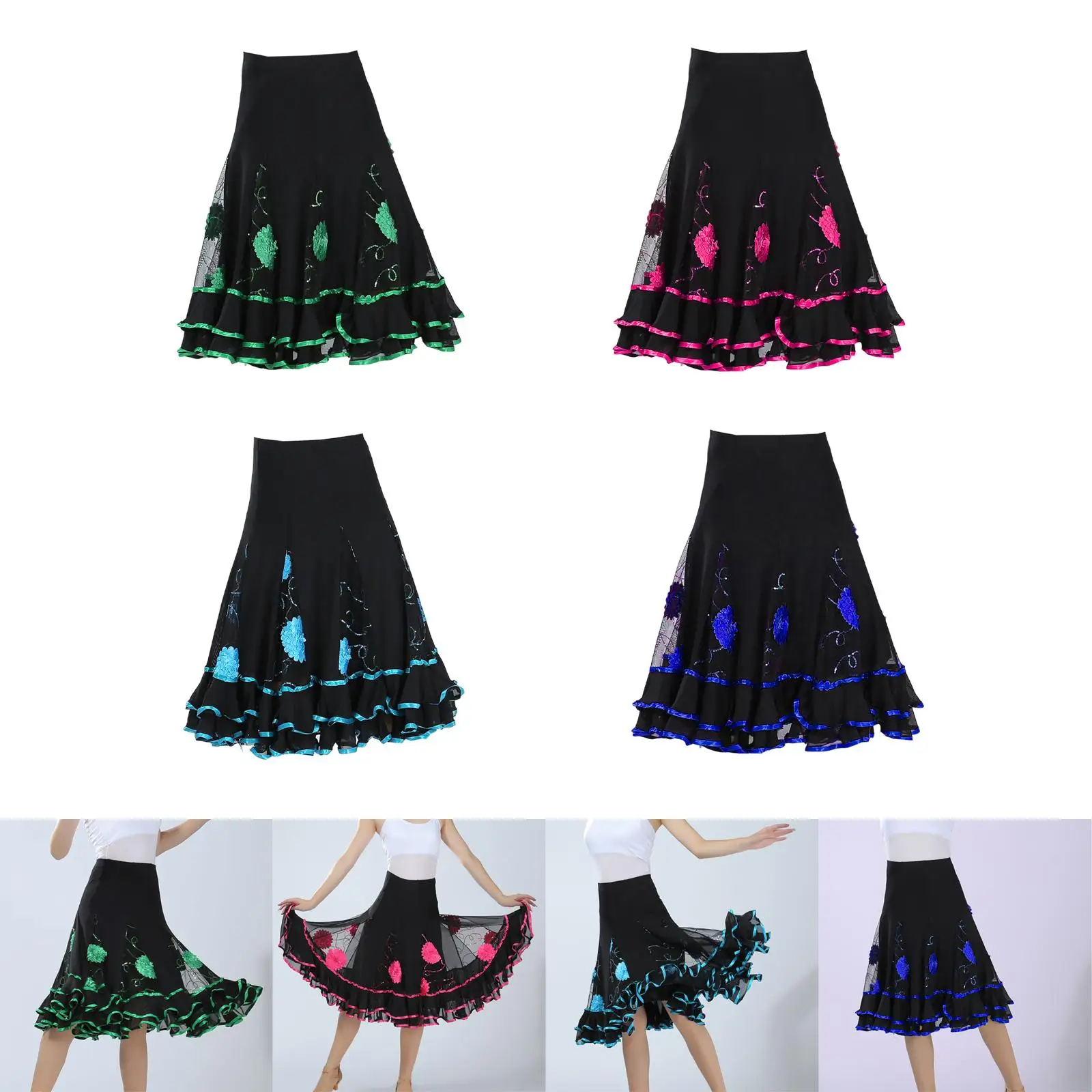 Elegant Ballroom Dance Skirt Dancing Practice Party Stage Performance Long Swing Skirt for Flamenco Cha Cha Rumba Ladies