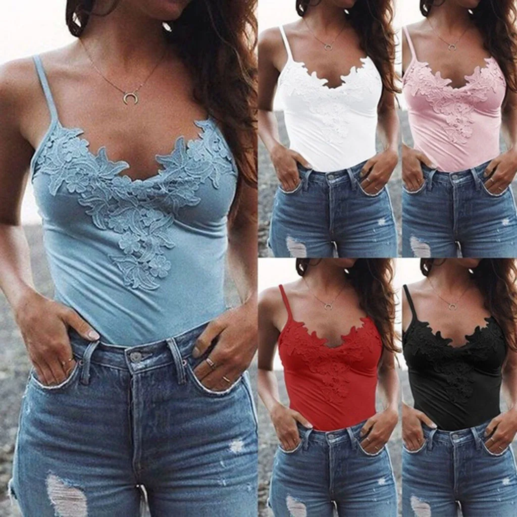womens cami Women's Fashion Camis Top Sexy Sleeveless Lace Patchwork Tank Tops Beach Holday Blusa Summer Gym Sports Tee Shirt Camiseta Mujer sexy camisole
