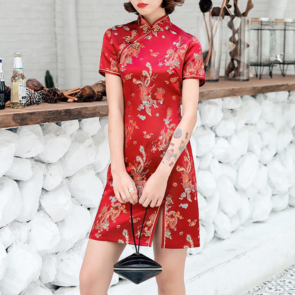 vermelho clássico gola mandarim curto cheongsam vestido de festa à noite qipao