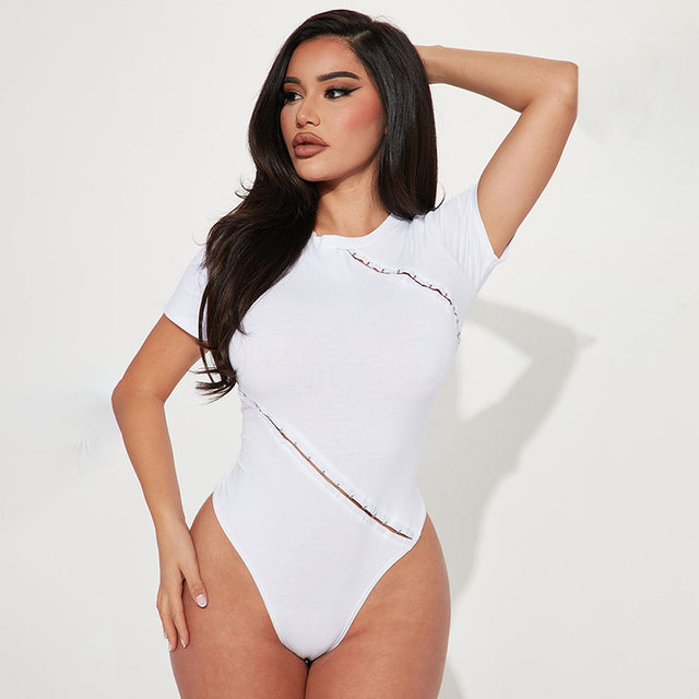 BOOFEENAA Asymmetrical Cut Out Backless Bodysuit Women T-shirts