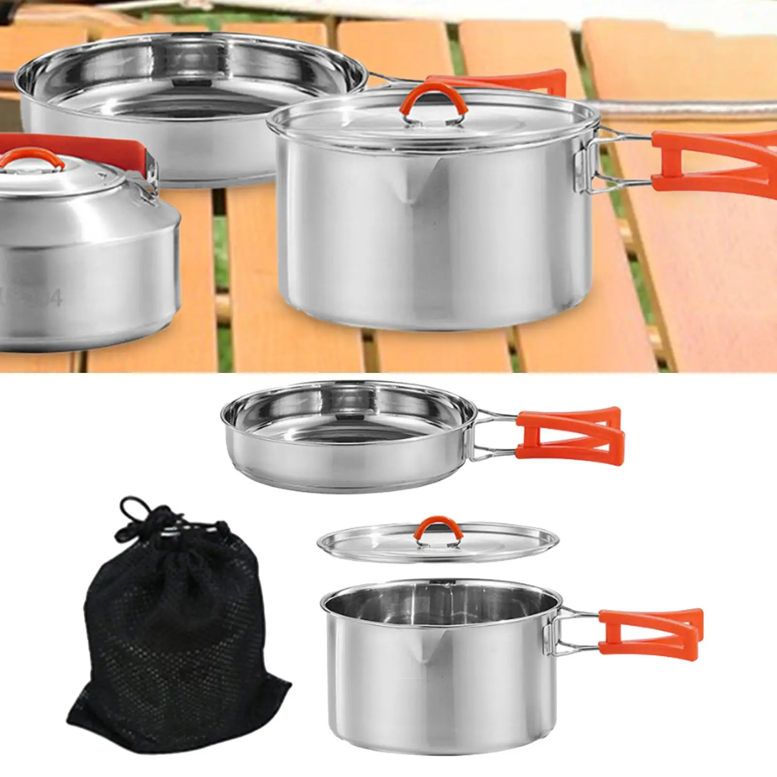 Camping Cookware Set with Folding Handles Portable Included Mesh Carry Bag for Hiking Picnic Backpacking Outdoor Equipment